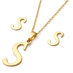 Gold Tone Stainless Steel Monogram Letter "S" Earring And Necklace Set